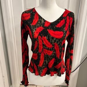 Red Feather Print Long Sleeve Pleated Top – Size PL Women’s Stretch Blouse